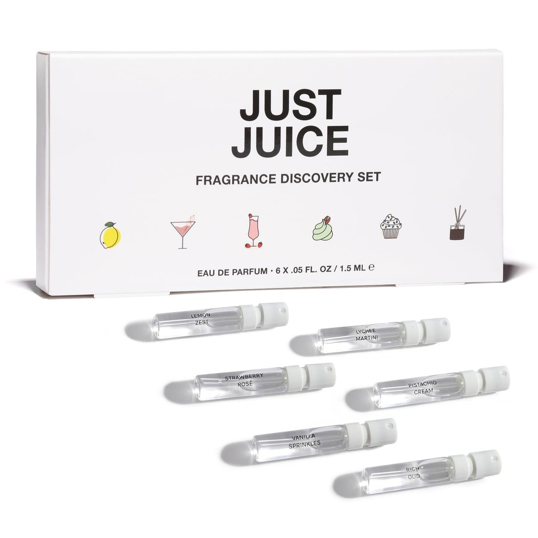 Fragrance Discovery Set by Just Juice for Unisex - 6 Pc Mini Gift Set 1.5ml Lychee Martini EDP Spray, 1.5ml Strawberry Rose EDP Spray, 1.5ml Vanilla Sprinkles EDP Spray, 1.5ml Pistachio Cream EDP Spray, 1.5ml Rich Oud EDP Spray, 1.5ml Lemon Zest EDP Spray