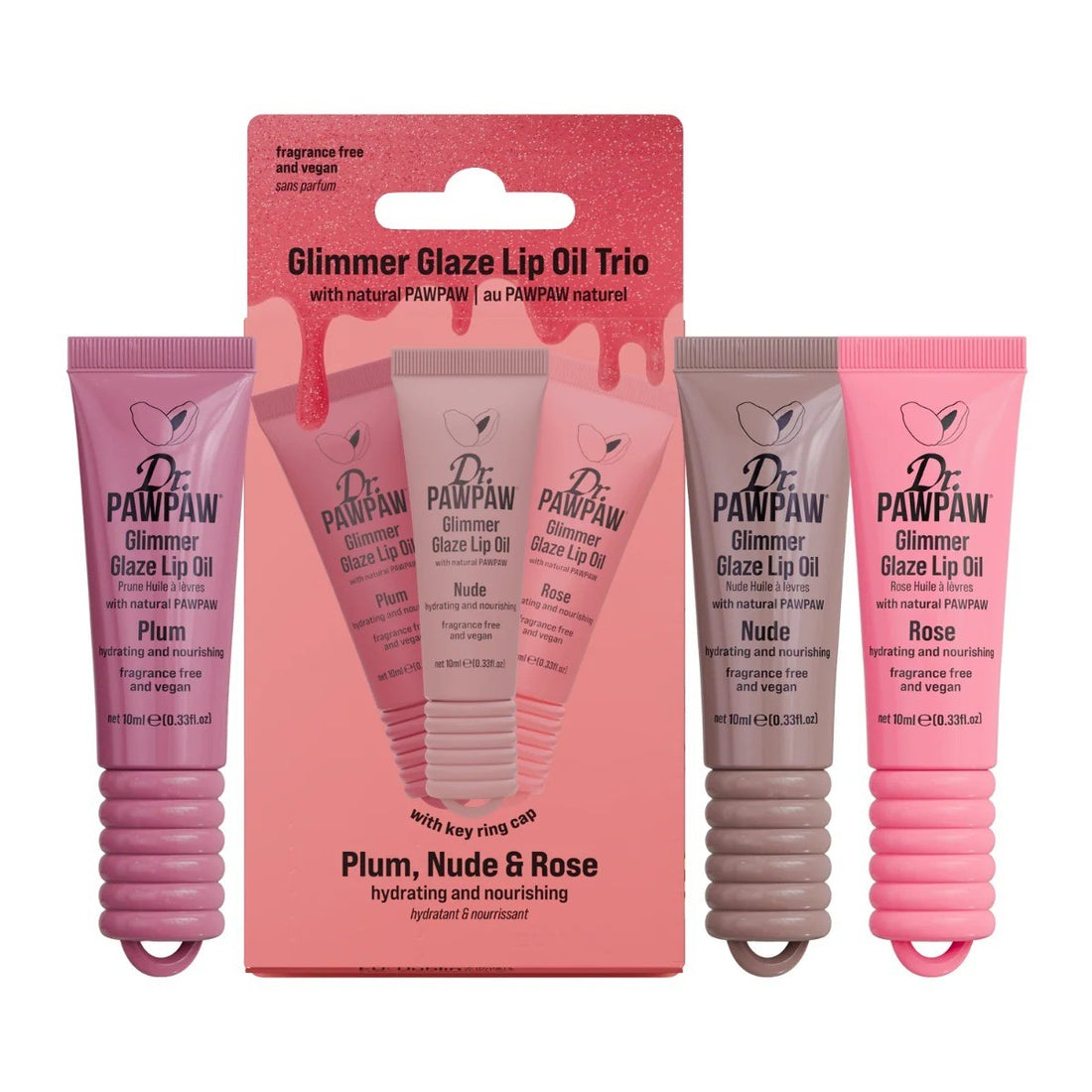 Glimmer Glaze Lip Oil Trio by Dr. PawPaw for Women - 3 Pc 0.33oz Lip Oil - Plum, 0.33oz Lip Oil - Nude, 0.33oz Lip Oil - Rose