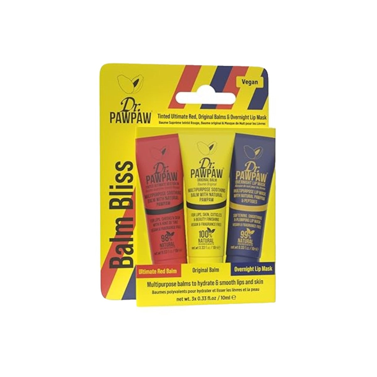 Mini Balm Bliss Trio by Dr. PawPaw for Women - 3 Pc 0.33oz Lip Balm - Original, 0.33oz Lip Balm - Ultimate Red, 0.33oz Lip Mask - Overnight