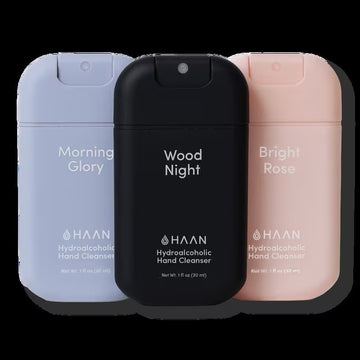 Hydrating Hand Cleansing Spray with Aloe Vera Kit by Haan for Unisex - 3 Pc Kit 1oz Hand Cleanser - Morning Glory, 1oz Hand Sanitizer - Bright Rose, 1oz Hand Cleanser - Wood Night