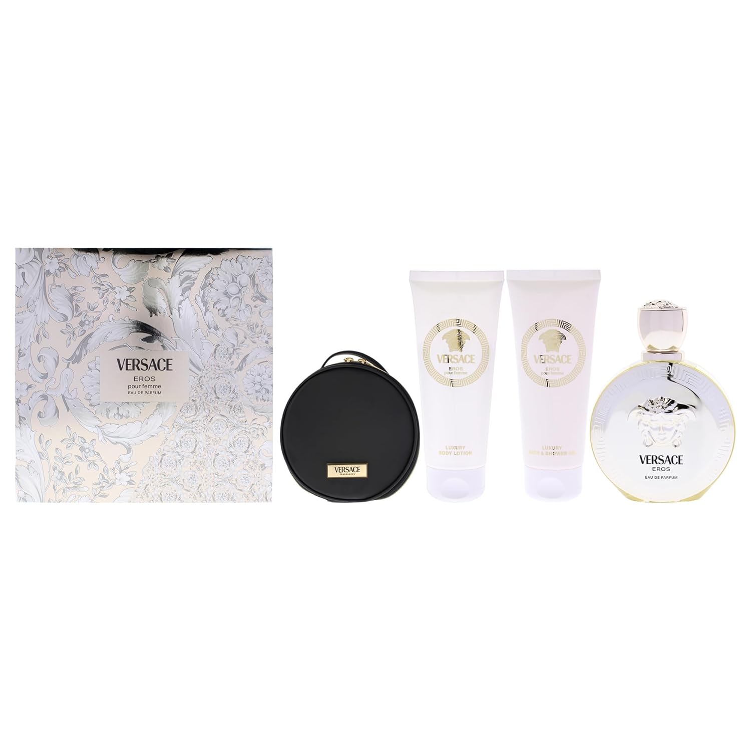 Versace Eros by Versace for Women - 4 Pc Gift Set 3.4oz EDP Spray, 3.4oz Luxury Body Lotion, 3.4oz Luxury Shower Gel, Round Make Up Case