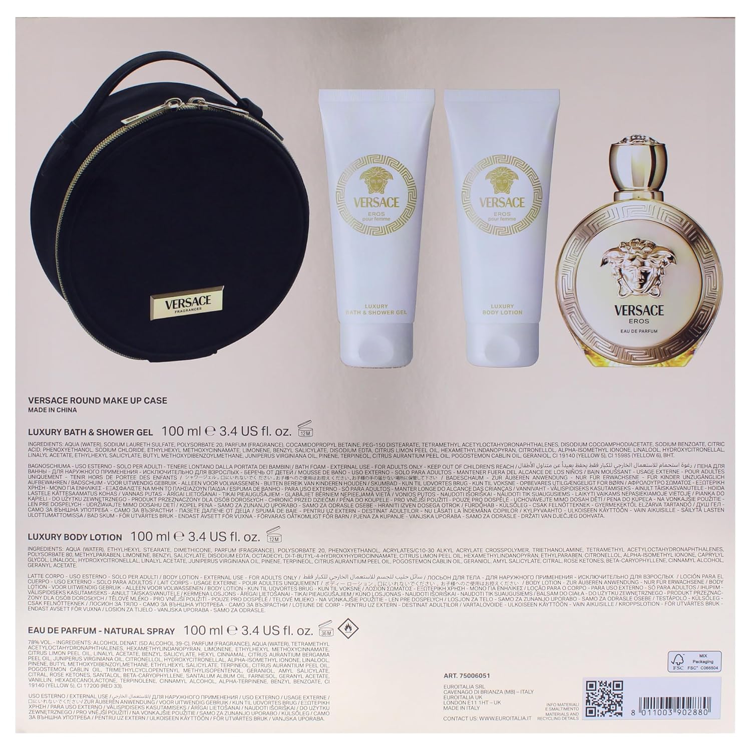 Versace Eros by Versace for Women - 4 Pc Gift Set 3.4oz EDP Spray, 3.4oz Luxury Body Lotion, 3.4oz Luxury Shower Gel, Round Make Up Case
