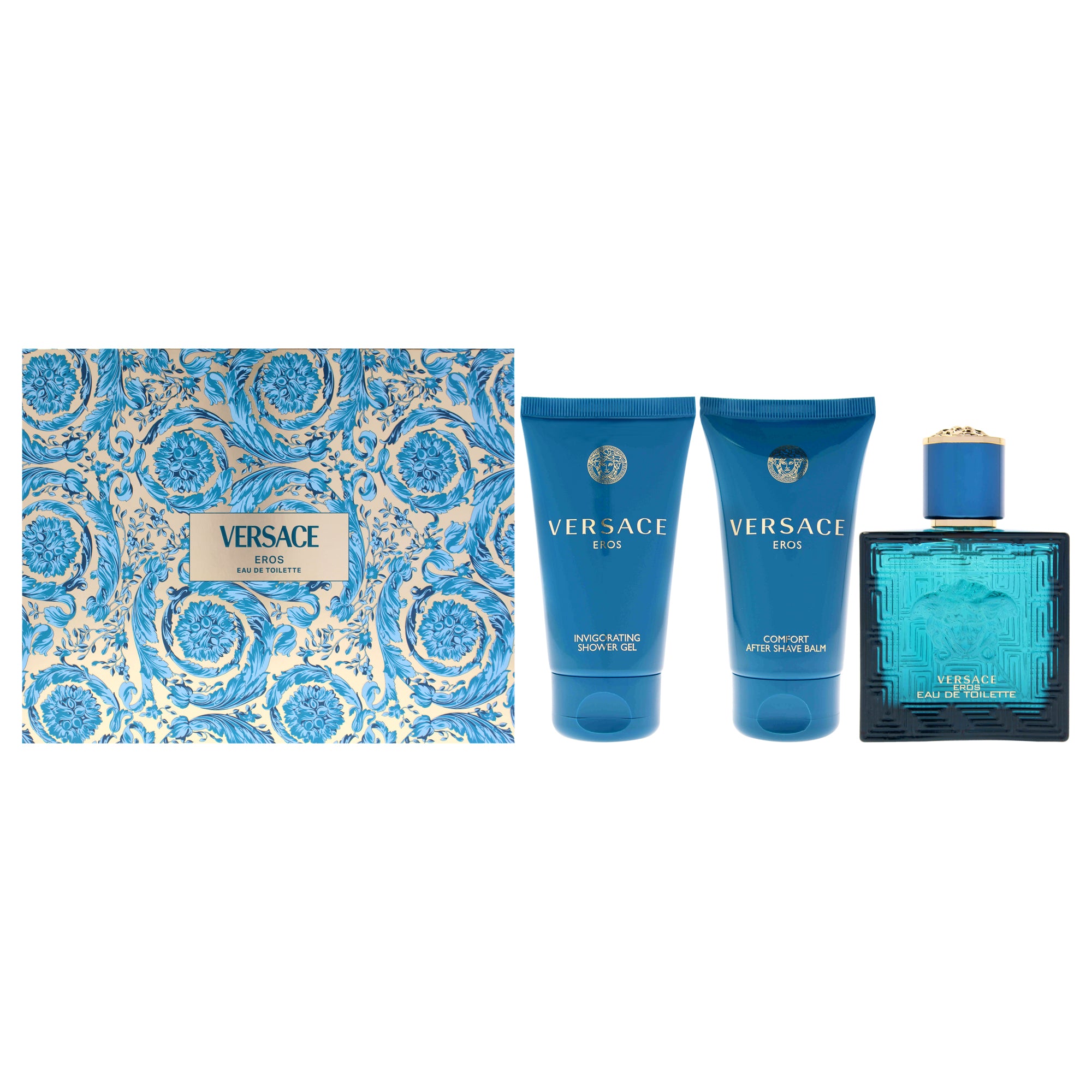 Versace Eros by Versace for Men - 3 Pc Gift Set 1.7 oz EDT Spray, 1.7 oz Comfort After Shave Balm, 1.7 oz Invigorating Shower Gel
