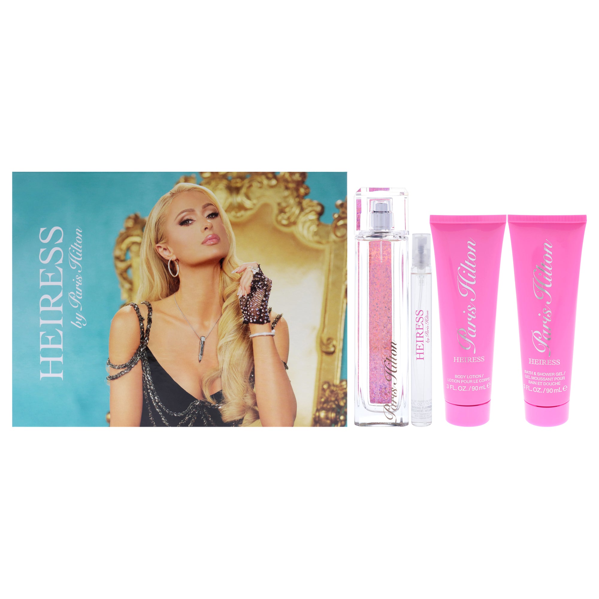 Heiress by Paris Hilton for Women - 4 Pc Gift Set 3.4oz EDP Spray, 0.34oz EDP Spray (Mini), 3oz Body Lotion, 3oz Bath and Shower Gel