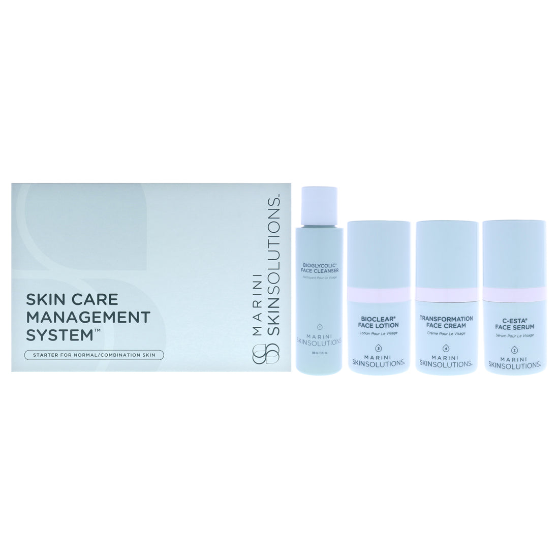 Skin Care Management System - Normal to Combination by Marini SkinSolutions for Unisex - 4 Pc 3oz Bioglycolic Face Cleanser, 0.5oz C-Esta Face Serum, 0.5oz Bioglycolic Bioclear Face Lotion, 0.5oz Transfomation Face Cream