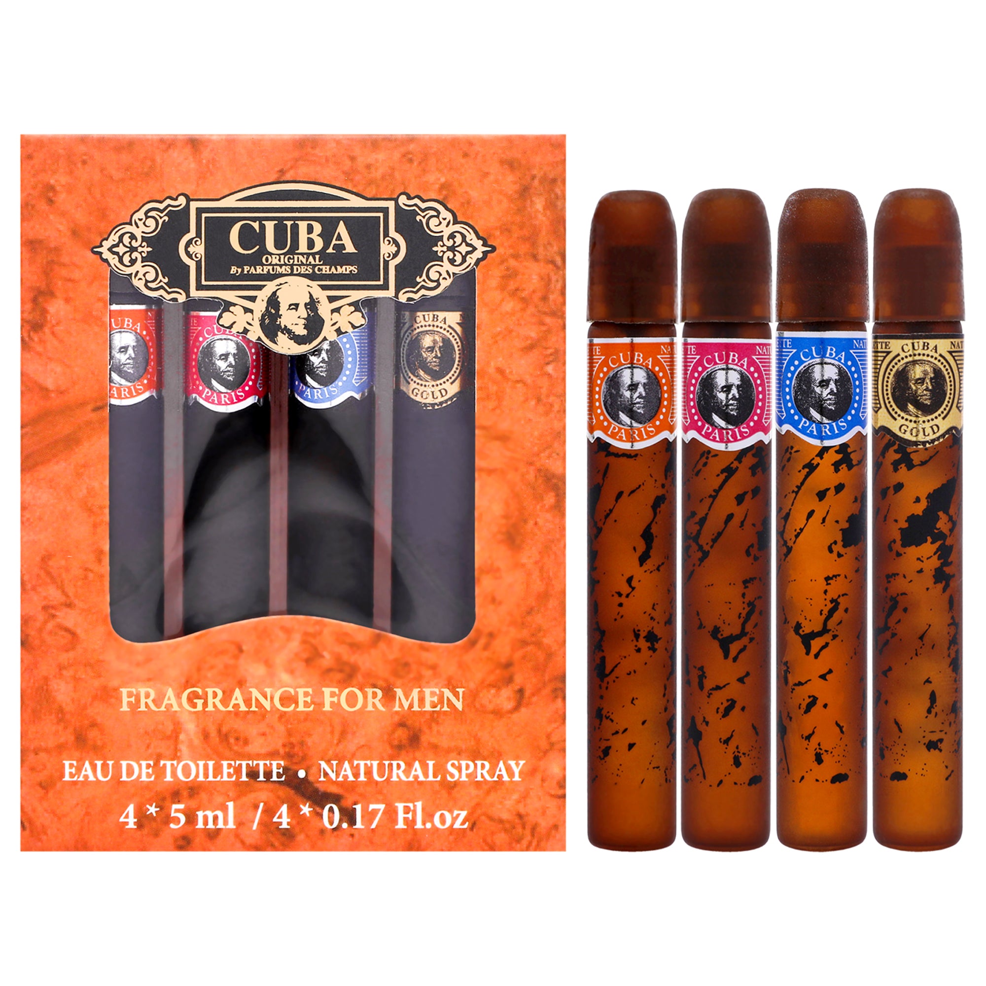 Cuba by Cuba for Men - 4 Pc Mini Gift Set 0.17oz Cuba Gold EDT Splash, 0.17oz Cuba Red EDT Splash, 0.17oz Cuba Blue EDT Splash, 0.17oz Cuba Orange EDT Splash