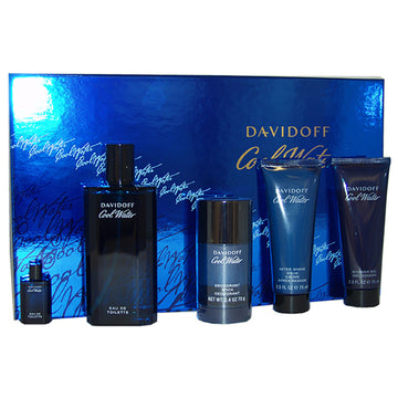 Cool Water by Davidoff for Men - 5 Pc Gift Set 4.2oz EDT Spray, 5ml EDT Splash (Mini), 2.5oz After Shave Balm, 2.5oz Shower Gel, 2.4oz Deodorant Stick