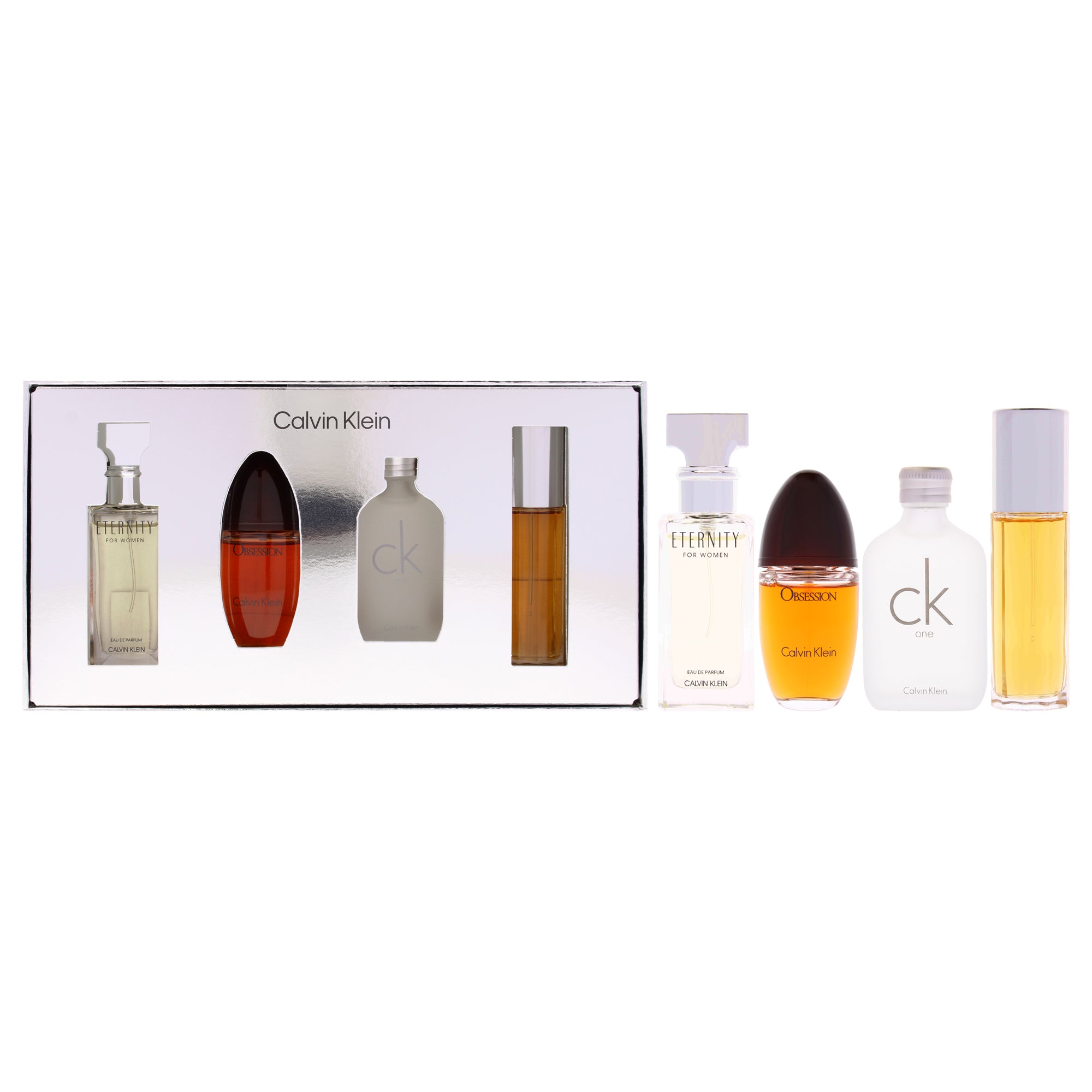 Calvin Klein Variety by Calvin Klein for Women - 4 Pc Mini Gift Set 0.5oz Obsession EDP Spray, 0.5oz CK One EDT Splash, 0.5oz Eternity EDP Spray, 0.5oz Escape EDP Spray