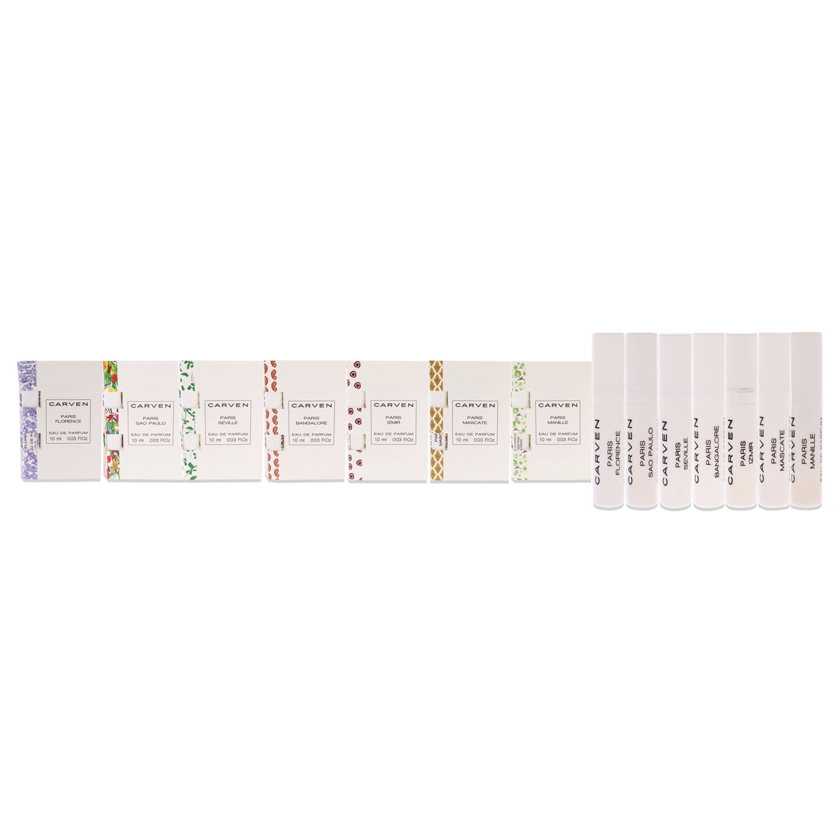 Carven Collection Mini Sampler Set by Carven for Women - 7 Pc Mini Gift Set 0.03oz Paris Seville EDP Spray, 0.03oz Paris Manille EDP Spray, 0.03oz Paris Sao Paulo EDP Spray, 0.03oz Paris Florence EDP Spray + more