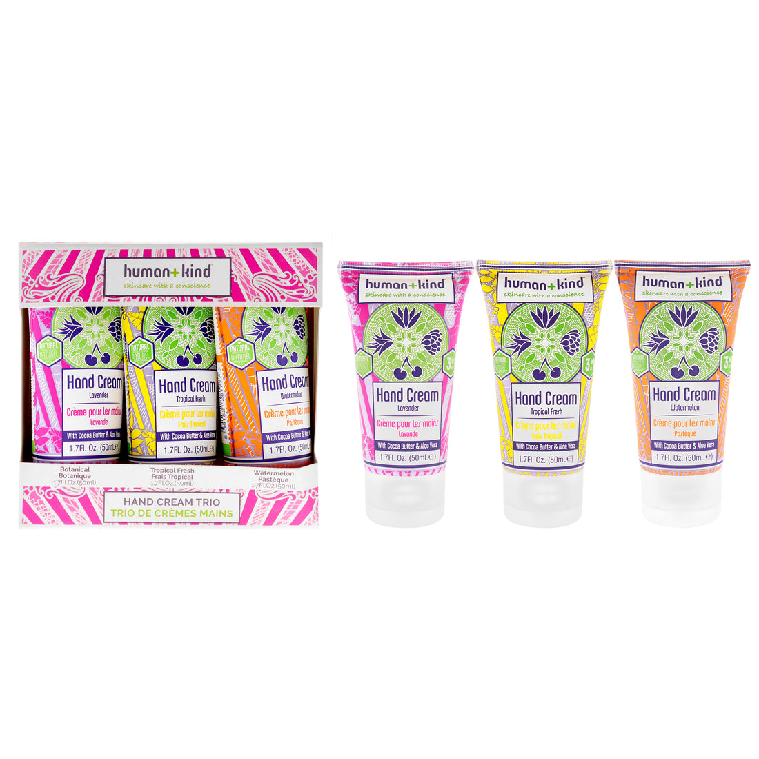 Hand Cream Trio by Human+Kind for Unisex - 3 Pc 1.7oz Hand Cream - Watermelon, 1.7oz Hand Cream - Tropical Fresh, 1.7oz Hand Cream - Lavender