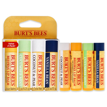 Super Sampler Lip Balm Set by Burts Bees for Unisex - 4 Pc  0.14 oz Beezwax Lip Balm, 0.14 oz Cucumber Mint Lip Balm, 0.14 oz Coconut and Pear Lip Balm, 0.14 oz Vanilla Bean Lip Balm