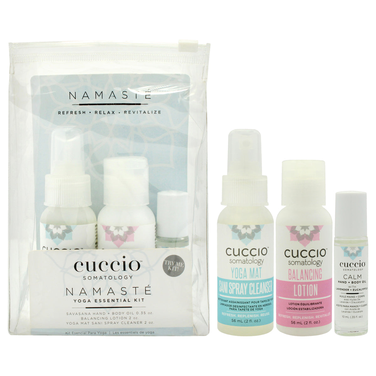 Somatology Yoga Essentials Kit by Cuccio Somatology for Unisex - 3 Pc 0.35oz Savasana Hand Plus Body Oil, 2oz Balancing Lotion, 2oz Yoga Mat Sani Spray Cleanser