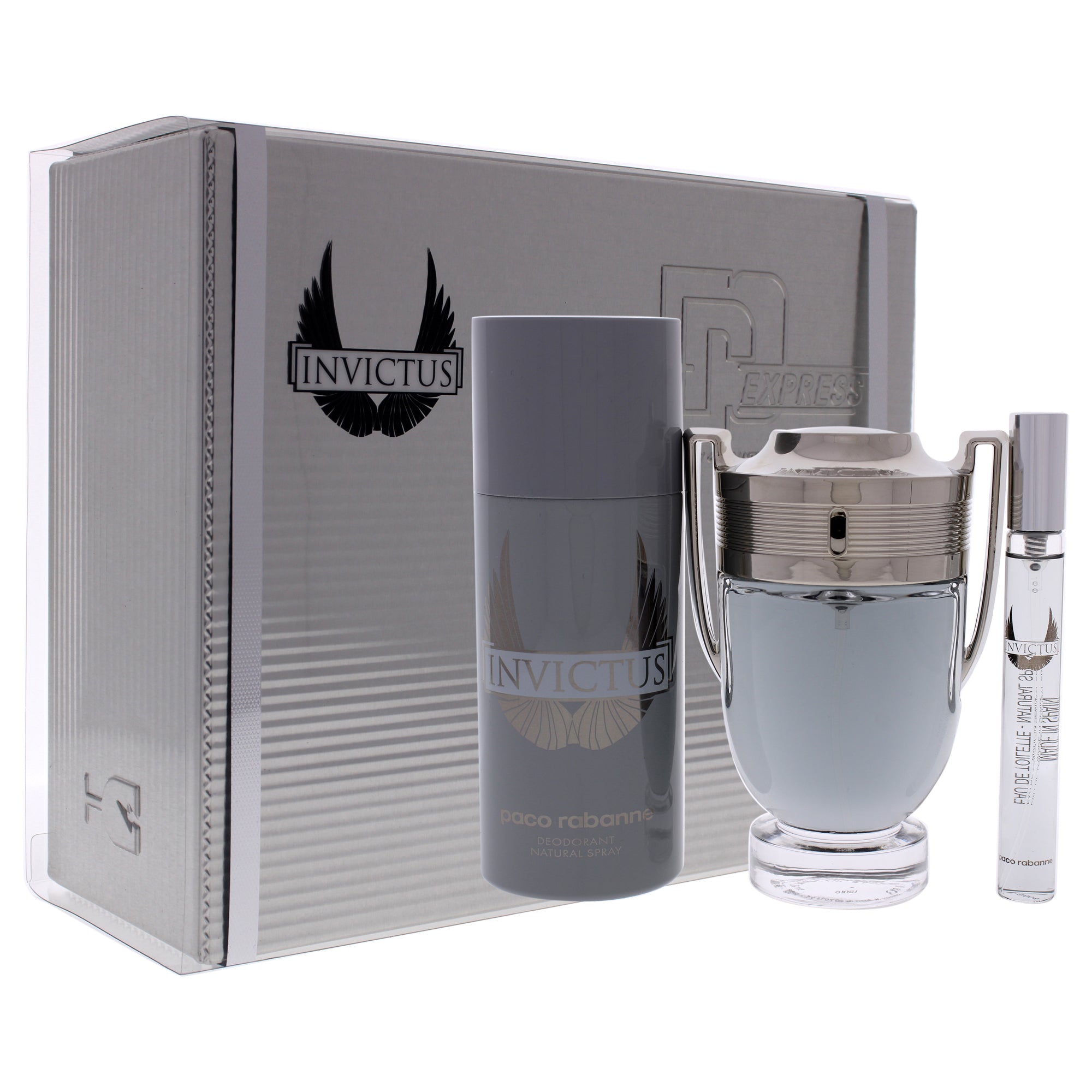 Invictus by Paco Rabanne for Men - 3 Pc Gift Set 3.4oz EDT Spray, 0.34oz EDT Spray (Mini), 5.1oz Deodrant Spray