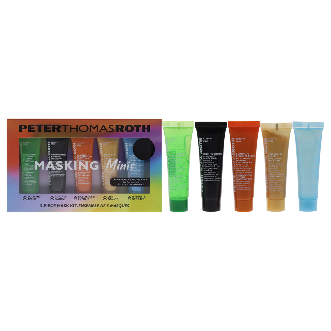 Masking Minis Kit by Peter Thomas Roth for Unisex - 5 Pc 0.47oz Blue Marine Algae Intense Hydrating Mask, 0.47oz Pumpkin Enzyme Mask Enzymatic Dermal Resurfacer, 0.47oz Irish Moor Mud Purifying Black Mask