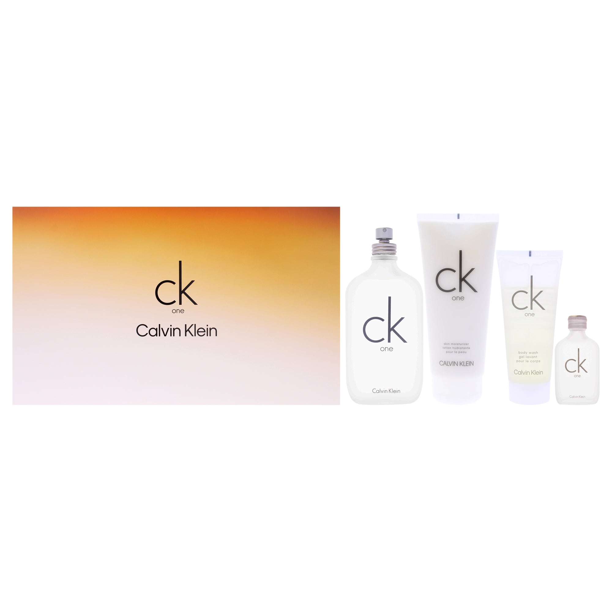 CK One by Calvin Klein for Unisex - 4 Pc Gift Set 6.7oz EDT Spray, 0.5oz EDT Splash, 6.7oz Skin Moisturizer, 3.3oz Body Wash