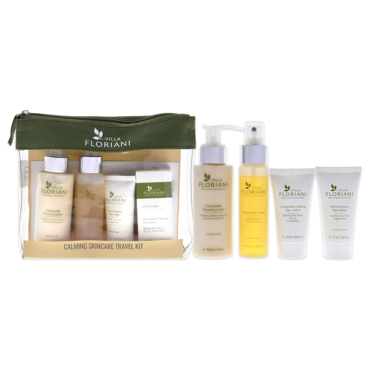 Calming Skincare Travel Kit by Villa Floriani for Women - 6 Pc 3.4oz Chamomile Cleansing Lotion, 1.69oz Chamomile Toner, 0.68oz Chamomile Calming Day Lotion SPF 20, 0.84oz Micro-Quartz Skin Polish, 0.05oz Advanced Lifting Eye Cream, 0.06oz