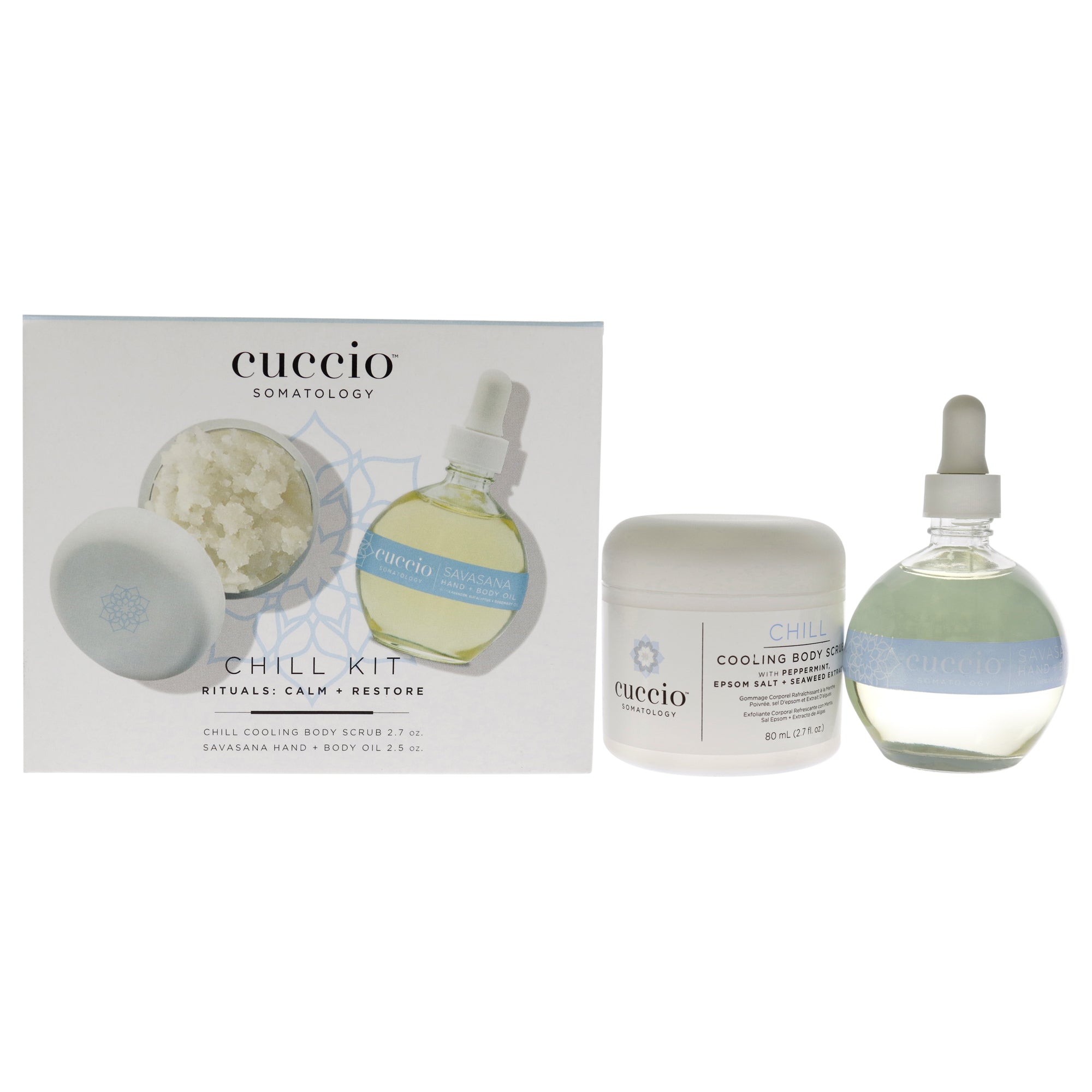 Somatology Chill Kit by Cuccio Somatology for Unisex - 2 Pc 2.7oz Cooling Body Scrub, 2.5oz Savasana Hand and Body Oil