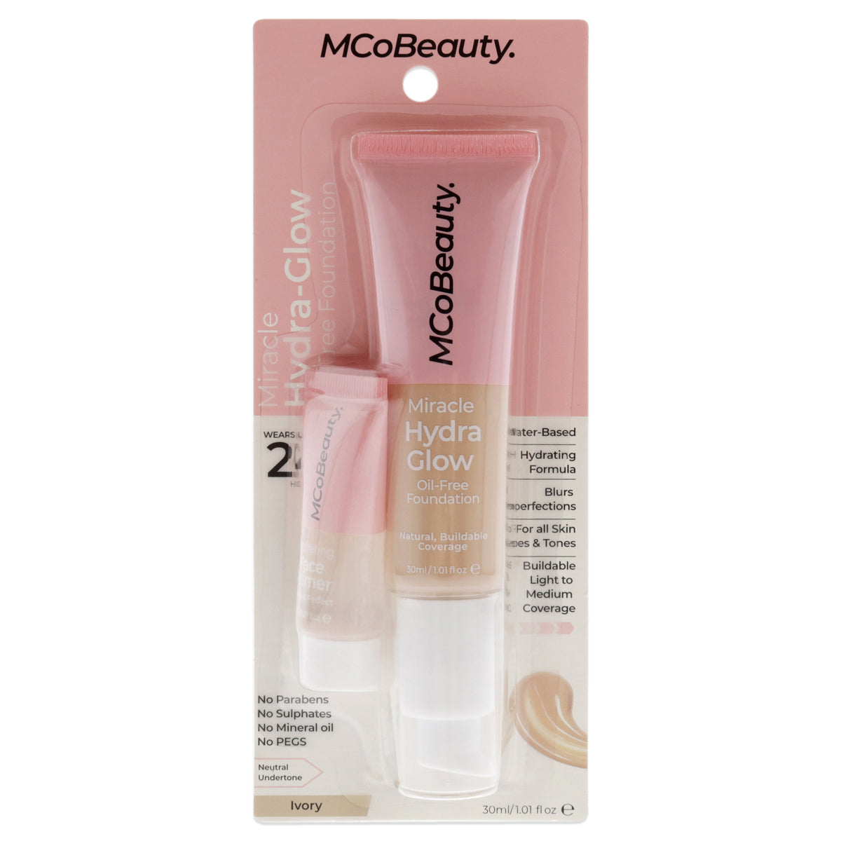 Miracle Hydra Glow Oil-Free Foundation - Ivory by MCoBeauty for Women - 2 Pc 1.01oz Miracle Hydra Glow Oil-Free Foundation, 0.27oz Hidrating Face Primer