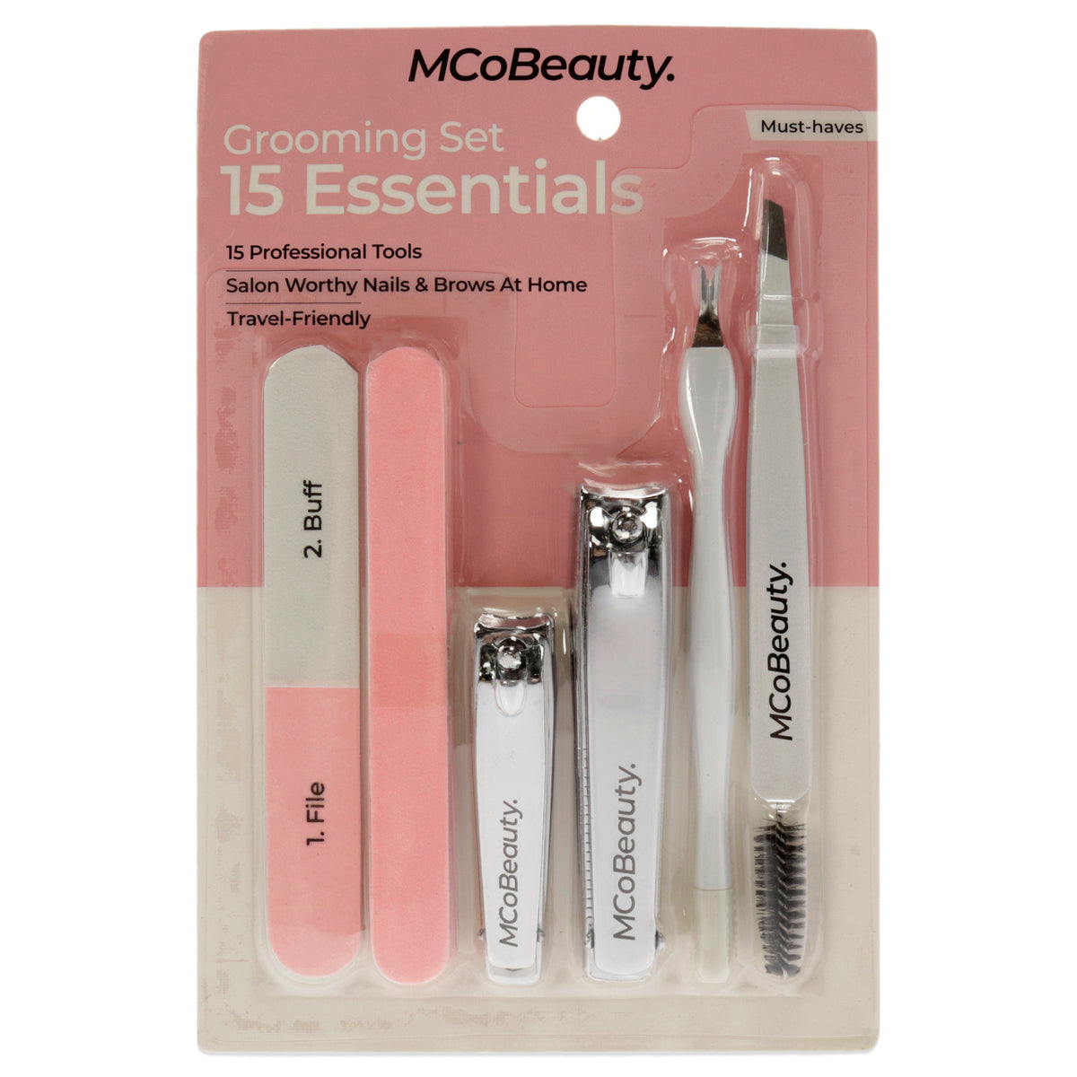 Grooming Essentials Set by MCoBeauty for Women - 11 Pc Tweezers with Brow brush, 2 nail clippers, Cuticle Pusher, Sided Nail Buffer, 6 Emery Boards