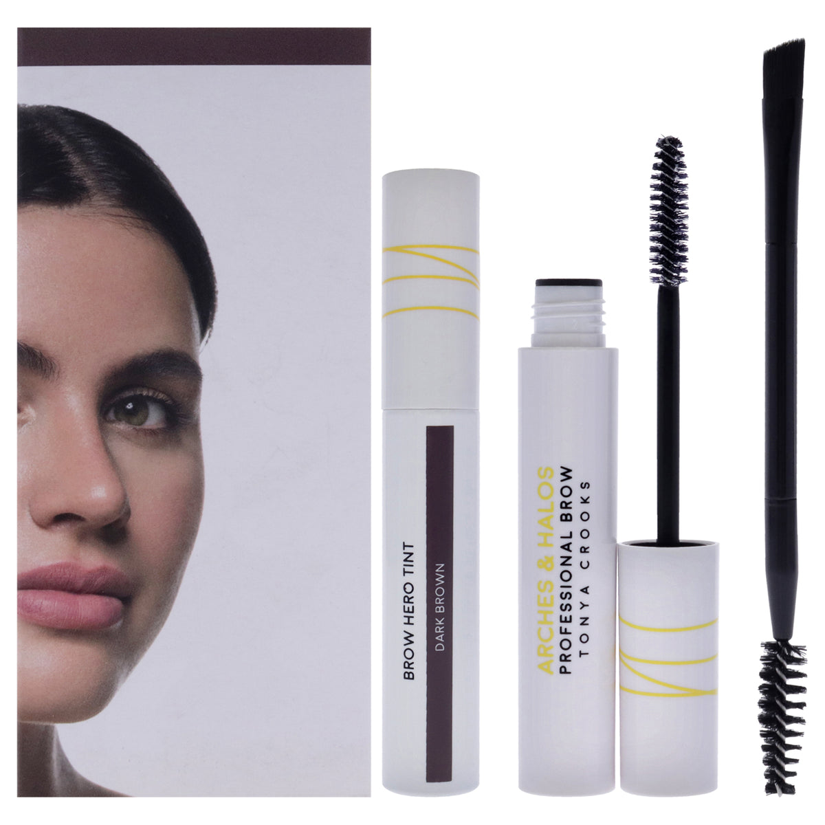 Brow Hero Tint Kit - Dark Brown by Arches and Halos for Women - 3 Pc 0.169oz Clear Brow Gel, 0.270oz Brow Hero Tint, Dual-Ended Angled Brush