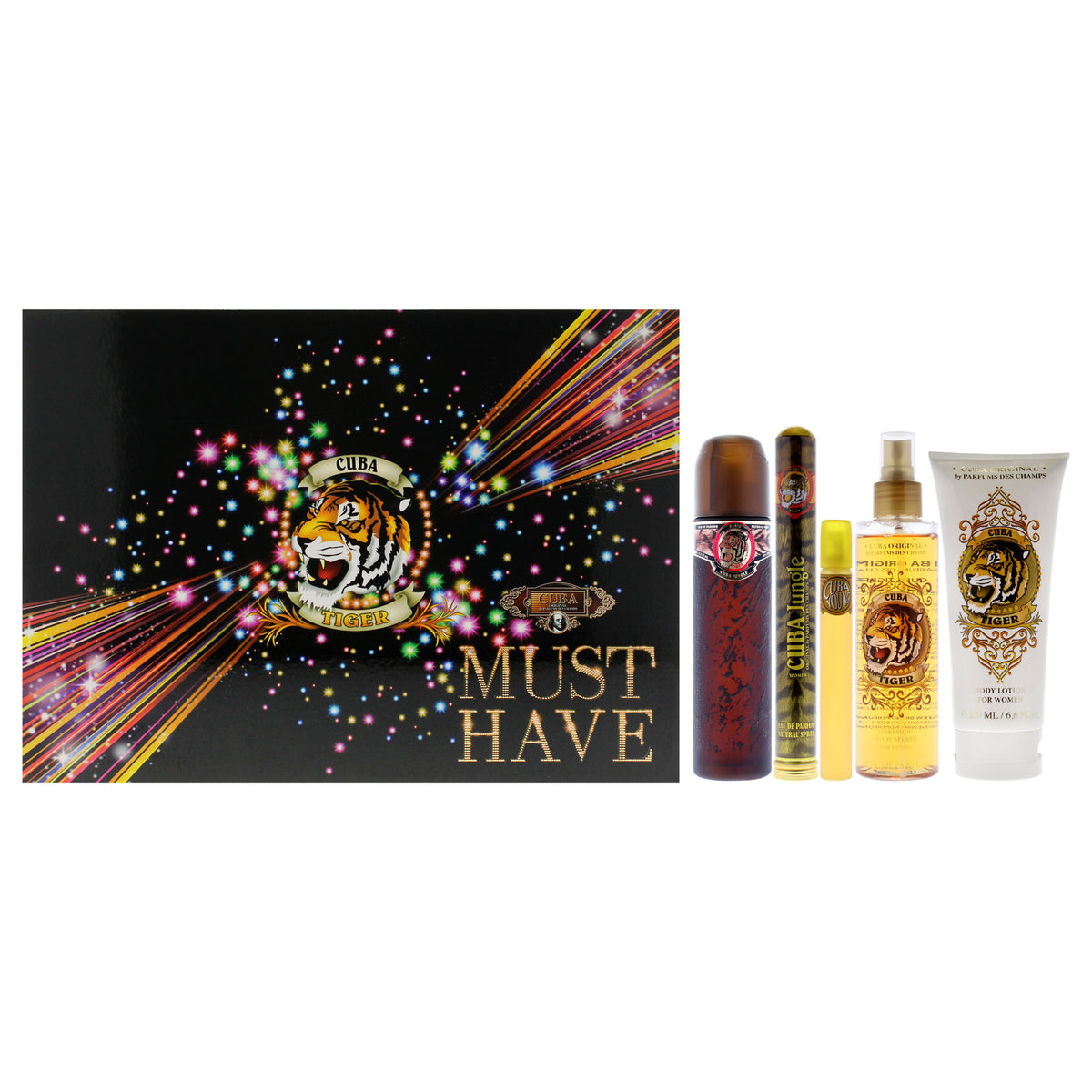 Cuba Must Have Tiger by Cuba for Women - 5 Pc Gift Set 3.3oz EDP Spray, 1.17oz EDP Spray, 0.5oz EDP Spray, 6.6oz Body Lotion, 6.6oz Body Splash