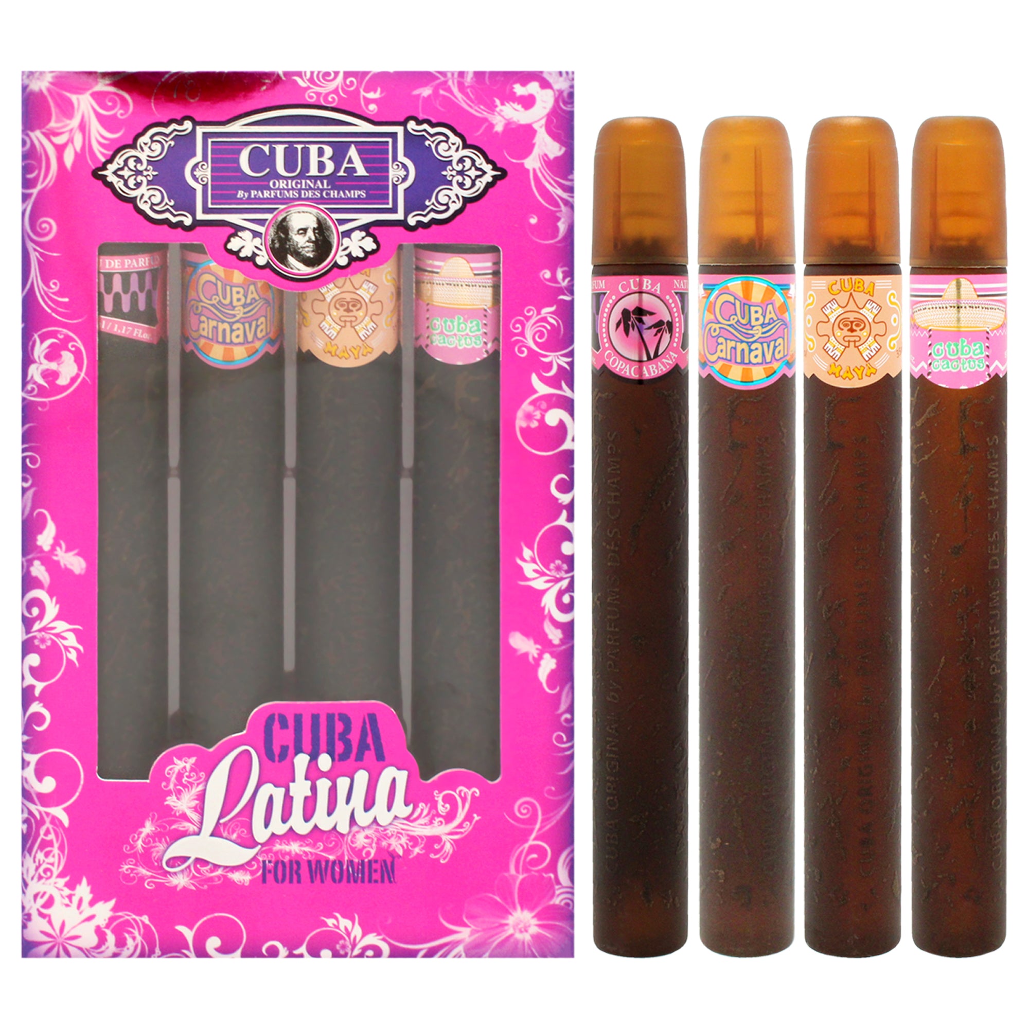 Cuba Latina by Cuba for Women - 4 Pc Gift Set 1.17oz Cuba Copacabana EDP Spray, 1.17oz Cuba Maya EDP Spray, 1.17oz Cuba Carnaval EDP Spray, 1.17oz Cuba Cactus EDP Spray