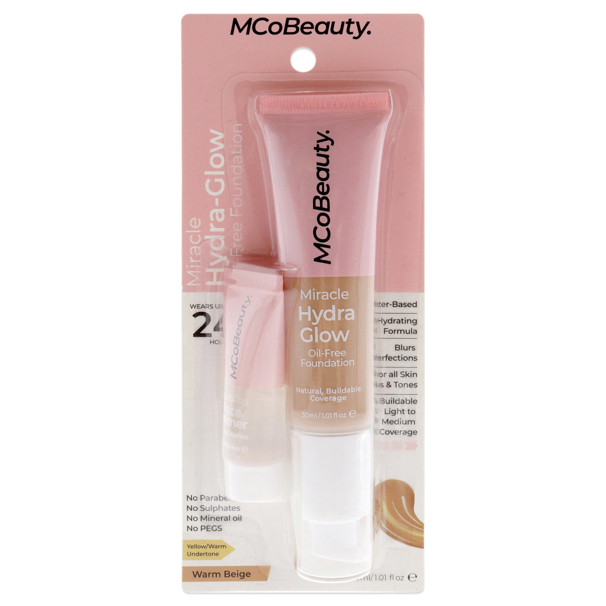 Miracle Hydra Glow Oil-Free Foundation - Warm Beige by MCoBeauty for Women - 2 Pc 1.01oz Miracle Hydra Glow Oil-Free Foundation, 0.27oz Hidrating Face Primer
