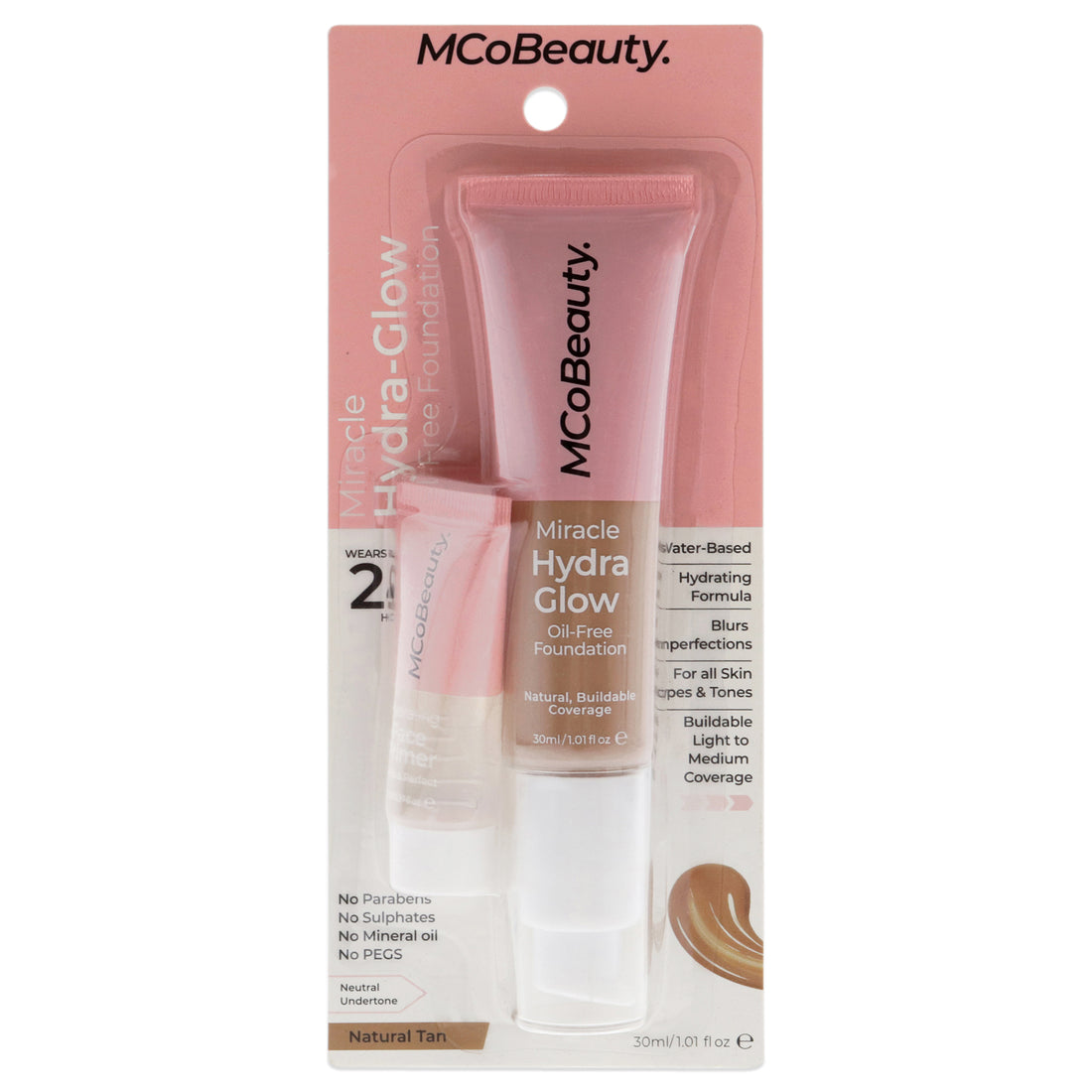 Miracle Hydra Glow Oil-Free Foundation - Natural Tan by MCoBeauty for Women - 2 Pc 1.01oz Miracle Hydra Glow Oil-Free Foundation, 0.27oz Hidrating Face Primer
