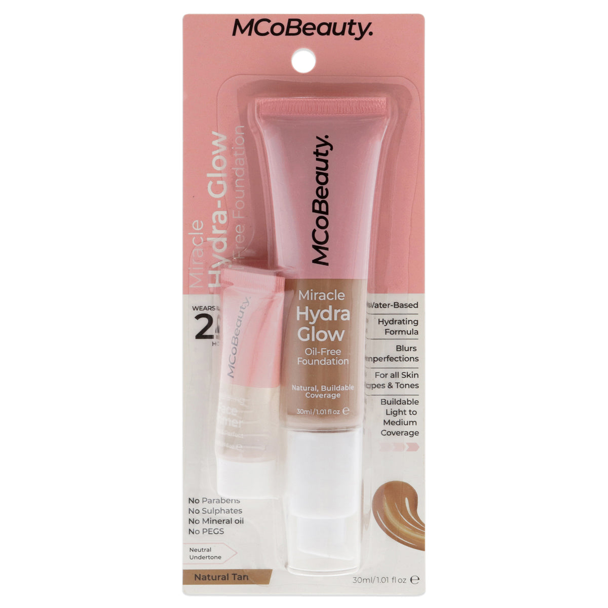 Miracle Hydra Glow Oil-Free Foundation - Natural Tan by MCoBeauty for Women - 2 Pc 1.01oz Miracle Hydra Glow Oil-Free Foundation, 0.27oz Hidrating Face Primer