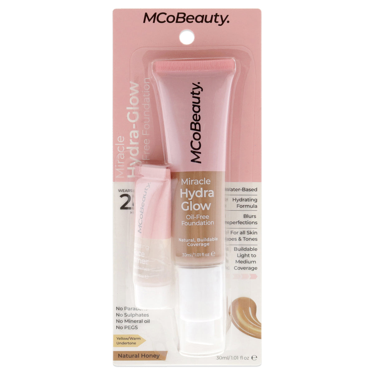 Miracle Hydra Glow Oil-Free Foundation - Natural Honey by MCoBeauty for Women - 2 Pc 1.01oz Miracle Hydra Glow Oil-Free Foundation, 0.27oz Hidrating Face Primer