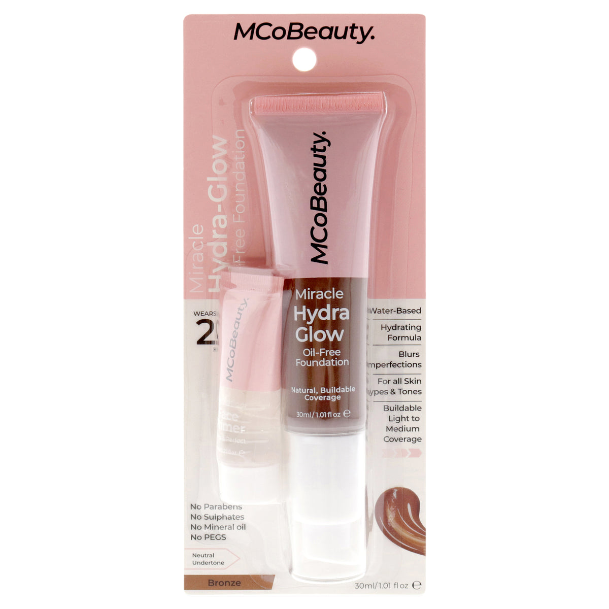 Miracle Hydra Glow Oil-Free Foundation - Bronze by MCoBeauty for Women - 2 Pc 1.01oz Miracle Hydra Glow Oil-Free Foundation, 0.27oz Hidrating Face Primer