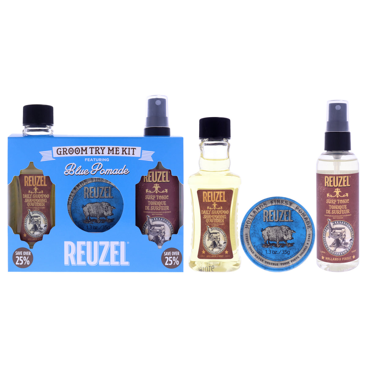 Groom Try Me Kit by Reuzel for Men - 3 Pc 1.3oz Blue Pomade, 3.38oz Surf Tonic, 3.38 Daily Shampoo