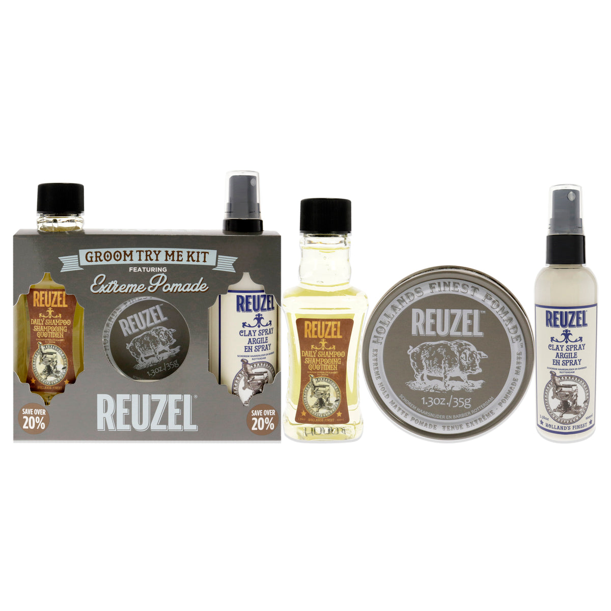 Extreme Hold Try Me Kit by Reuzel for Men - 3 Pc 1.3oz Extreme Hold Pomade, 3.38oz Clay Spray, 3.38 Daily Shampoo