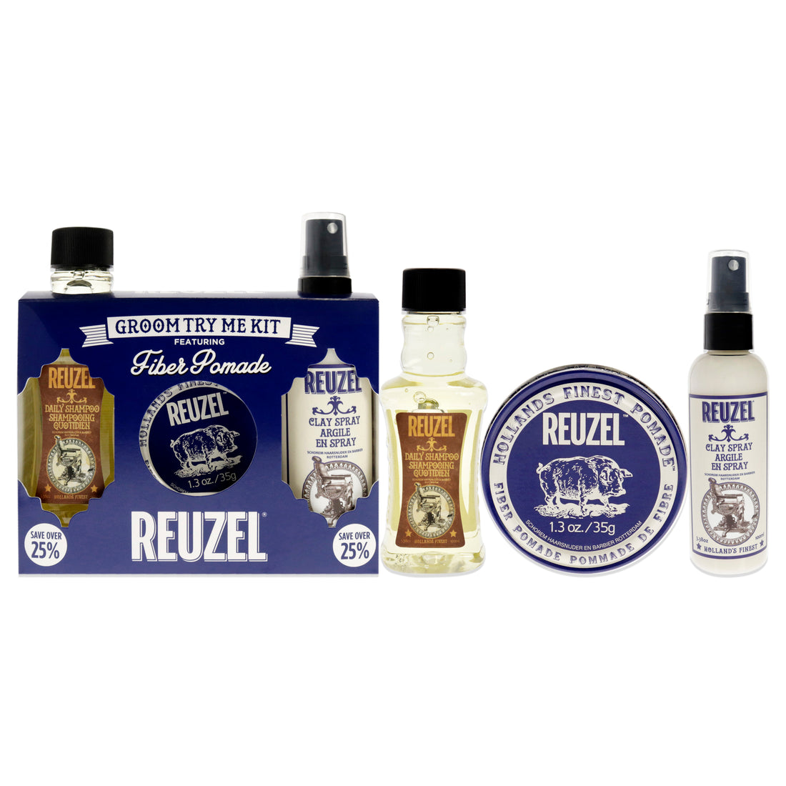 Fiber Try Me Kit by Reuzel for Men - 3 Pc 1.3oz Fiber Pomade, 3.38oz Clay Spray, 3.38 Daily Shampoo