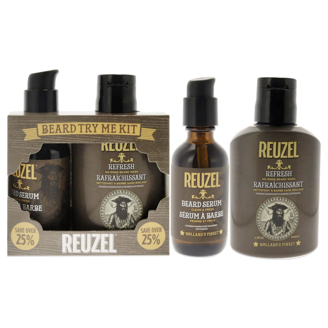 Clean and Fresh Beard Try Me Kit by Reuzel for Men - 2 Pc 3.4oz Refresh No Rinse Beard Wash, 2oz Clean and Fresh Beard Serum