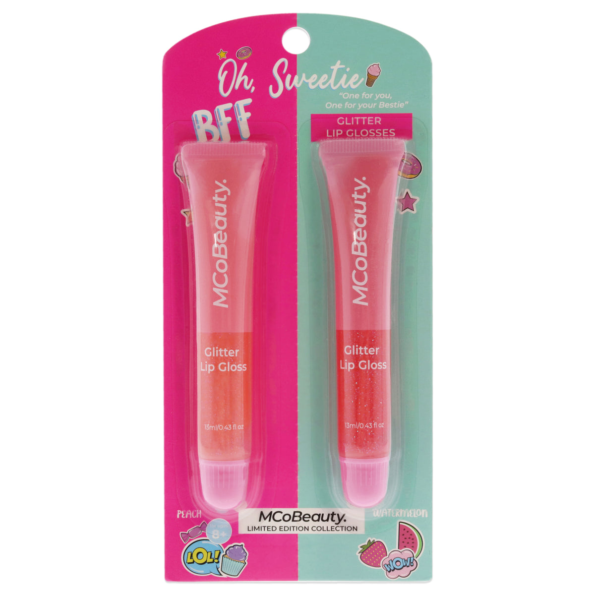 Oh Sweetie Best Friends Break Apart Glitter Lip Gloss by MCoBeauty for Women - 2 x 0.43 oz Lip Gloss Peach, Watermelon