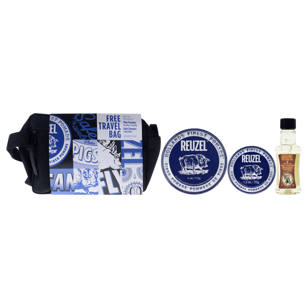 Fiber Travel Bag Set by Reuzel for Men - 4 Pc 4oz Fiber Pomade, 1.3oz Fiber Pomade, 3.38oz Daily Shampoo, Pouch