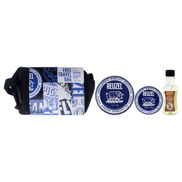 Fiber Travel Bag Set by Reuzel for Men - 4 Pc 4oz Fiber Pomade, 1.3oz Fiber Pomade, 3.38oz Daily Shampoo, Pouch