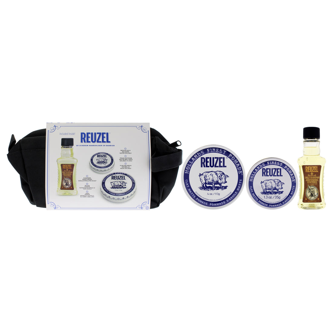 Clay Holiday Travel Bag Set by Reuzel for Men - 4 Pc 4oz Clay Pomade Pig, 1.3oz Clay Pomade Piglet, 3.4oz Daily Shampoo, Pouch