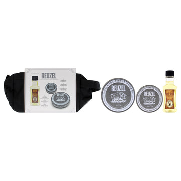 Extreme Holiday Travel Bag Set by Reuzel for Men - 4 Pc 4oz Extreme Pomade, 1.3oz Extreme Pomade, 3.4oz Daily Shampoo, Pouch