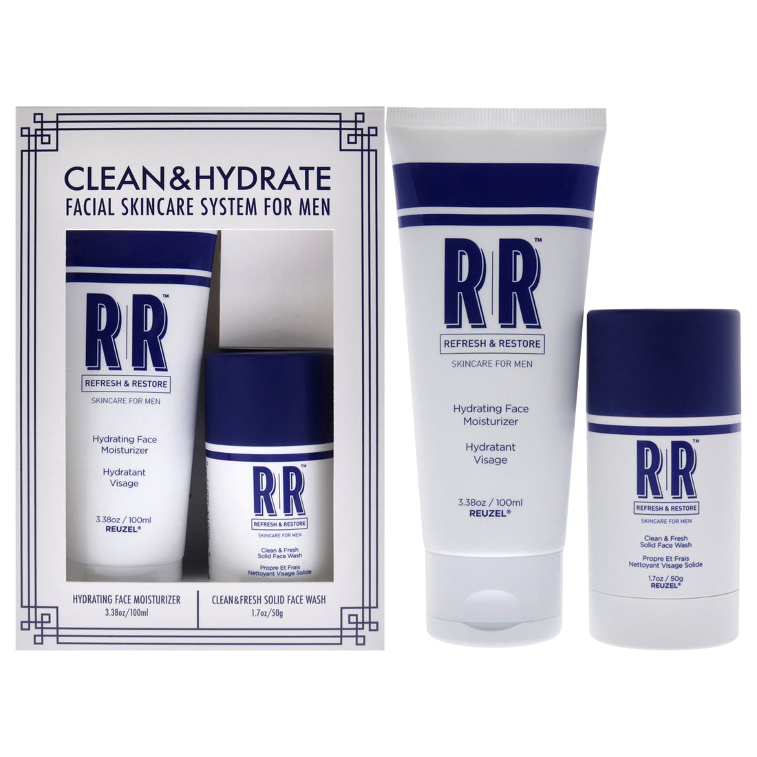 RR Clean and Hydrate Duo by Reuzel for Men - 2 Pc 1.7oz Clean and Fresh Solid Face Wash Stick, 3.38oz Hydrating Face Moisturizer
