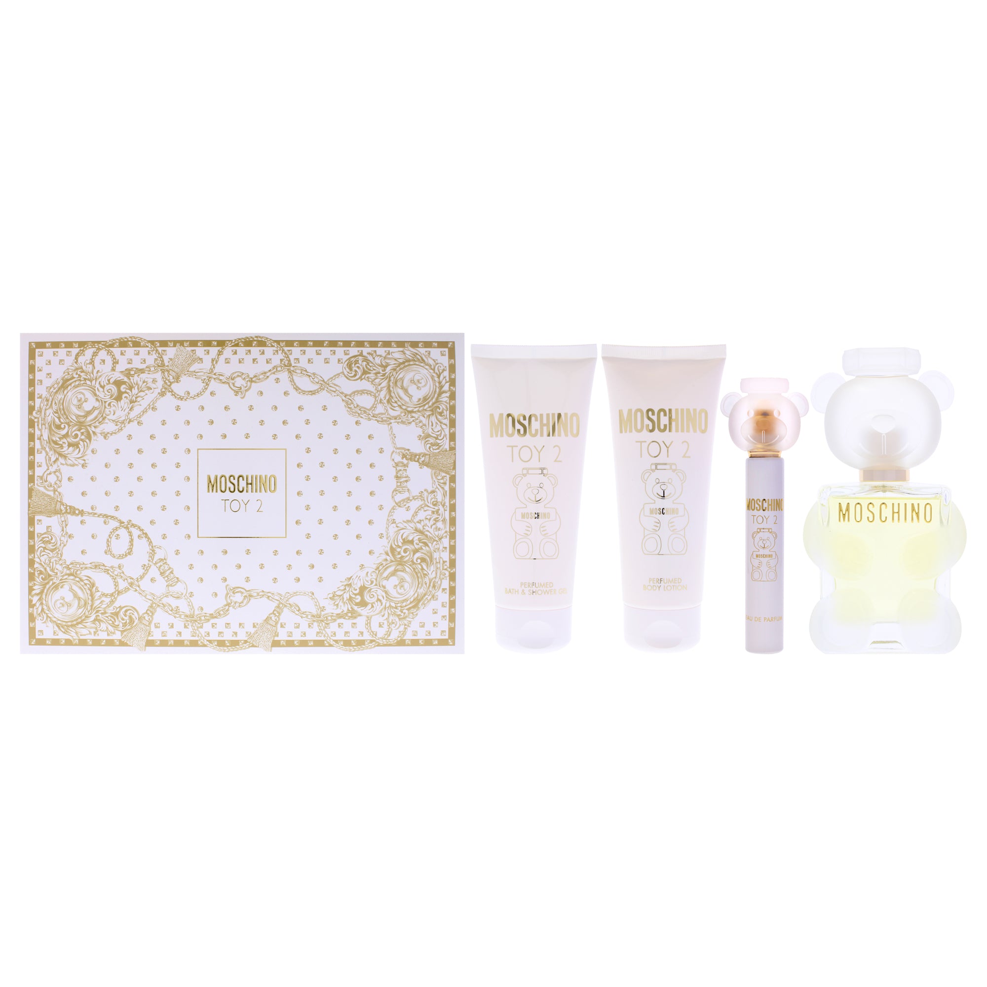 Moschino Toy 2 by Moschino for Women - 4 Pc Gift Set 3.4oz EDP Spray, 0.33oz EDP Spray, 3.4oz Body Lotion, 3.4oz Shower Gel