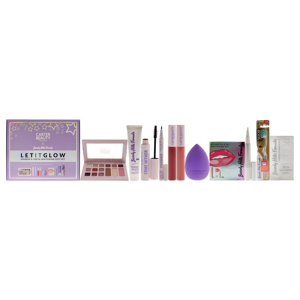 Let It Glow Make Up and Teeth Whitening Set by Carter Beauty for Women - 10 Pc 0.63oz Mixed Face and Eye Palette- Cherry Bomb, 0.4oz Come Hither Lengthening Mascara - Jet Black, 0.01oz Steadfast Liquid Liner Pen - Jet Black + more