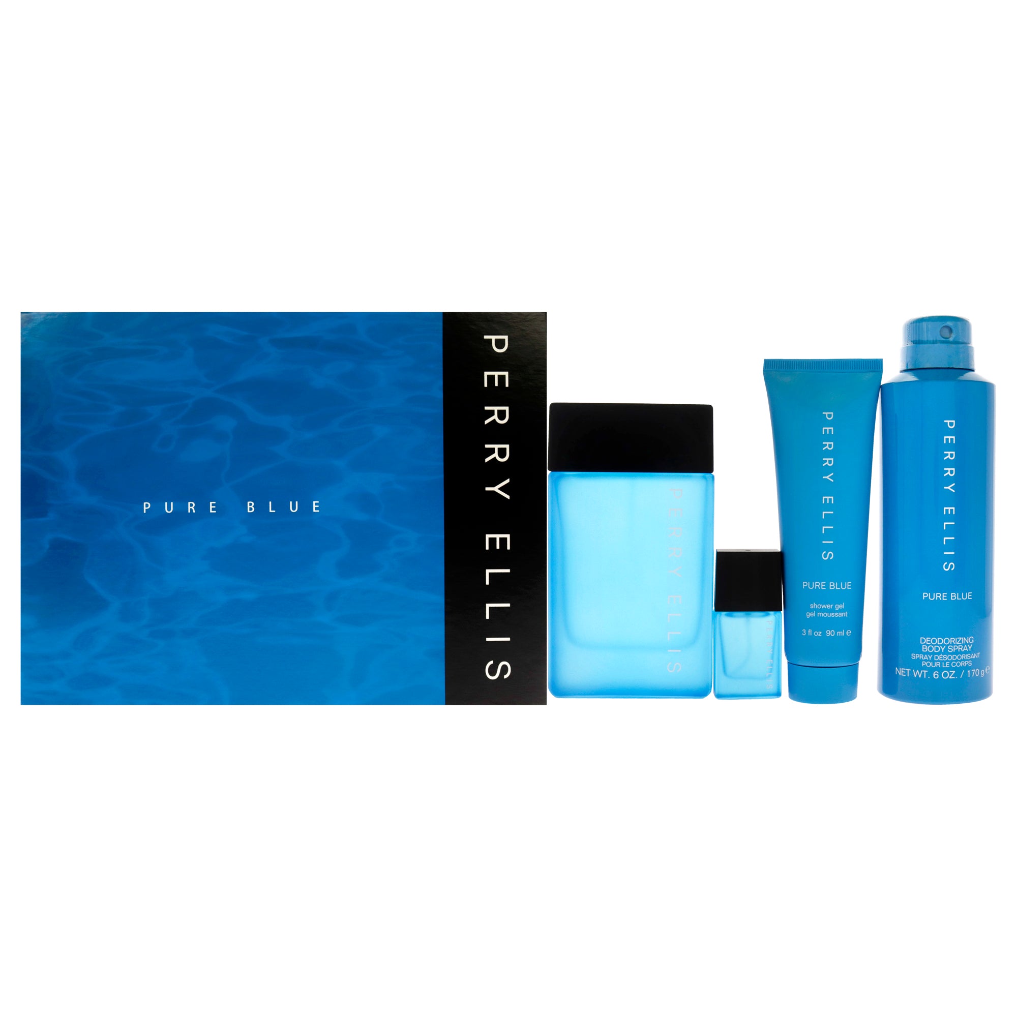 Perry Ellis Pure Blue by Perry Ellis for Men - 4 Pc Gift Set 3.4oz EDT Spray, 7.5ml EDT Spray (Mini), 3oz Shower Gel, 6oz Deodorant Body Spray