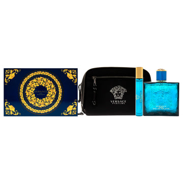 Versace Eros by Versace for Men - 3 Pc Gift Set 3.4oz EDT Spray, 0.3oz EDT Spray, Pouch