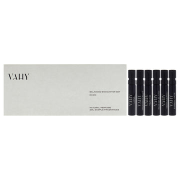 Balanced Encounter Set Dawn by Vahy for Unisex - 6 Pc Mini Gift Set 2ml Ember Haze EDP Spray Vial, 2ml Neon Neroli EDP Spray Vial, 2ml Isle Of Blanc EDP Spray Vial, 2ml Tarkine EDP Spray Vial, 2ml Midnight Ruze EDP Spray Vial, 2ml Luna EDP Spray Vial