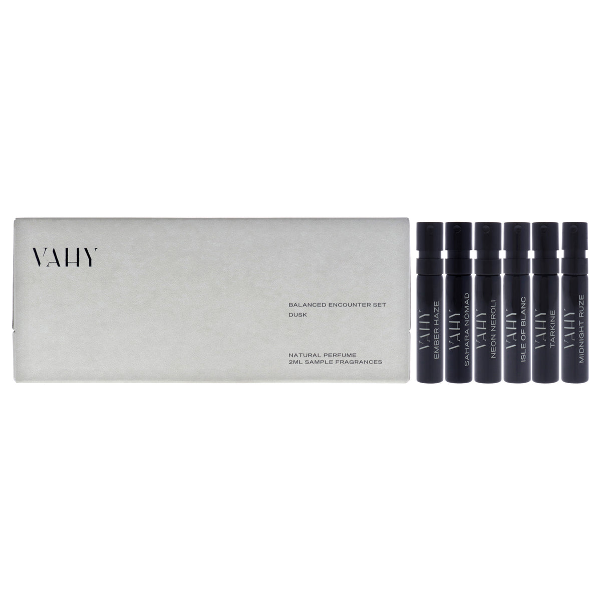 Balanced Encounter Set - Dusk by Vahy for Unisex - 6 Pc Mini Gift Set 2ml Ember Haze EDP Spray Vial, 2ml Neon Neroli EDP Spray Vial, 2ml Isle Of Blanc EDP Spray Vial, 2ml Tarkine EDP Spray Vial, 2ml Midnight Ruze EDP Spray Vial + more