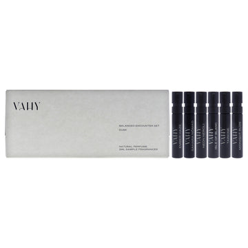 Balanced Encounter Set - Dusk by Vahy for Unisex - 6 Pc Mini Gift Set 2ml Ember Haze EDP Spray Vial, 2ml Neon Neroli EDP Spray Vial, 2ml Isle Of Blanc EDP Spray Vial, 2ml Tarkine EDP Spray Vial, 2ml Midnight Ruze EDP Spray Vial + more