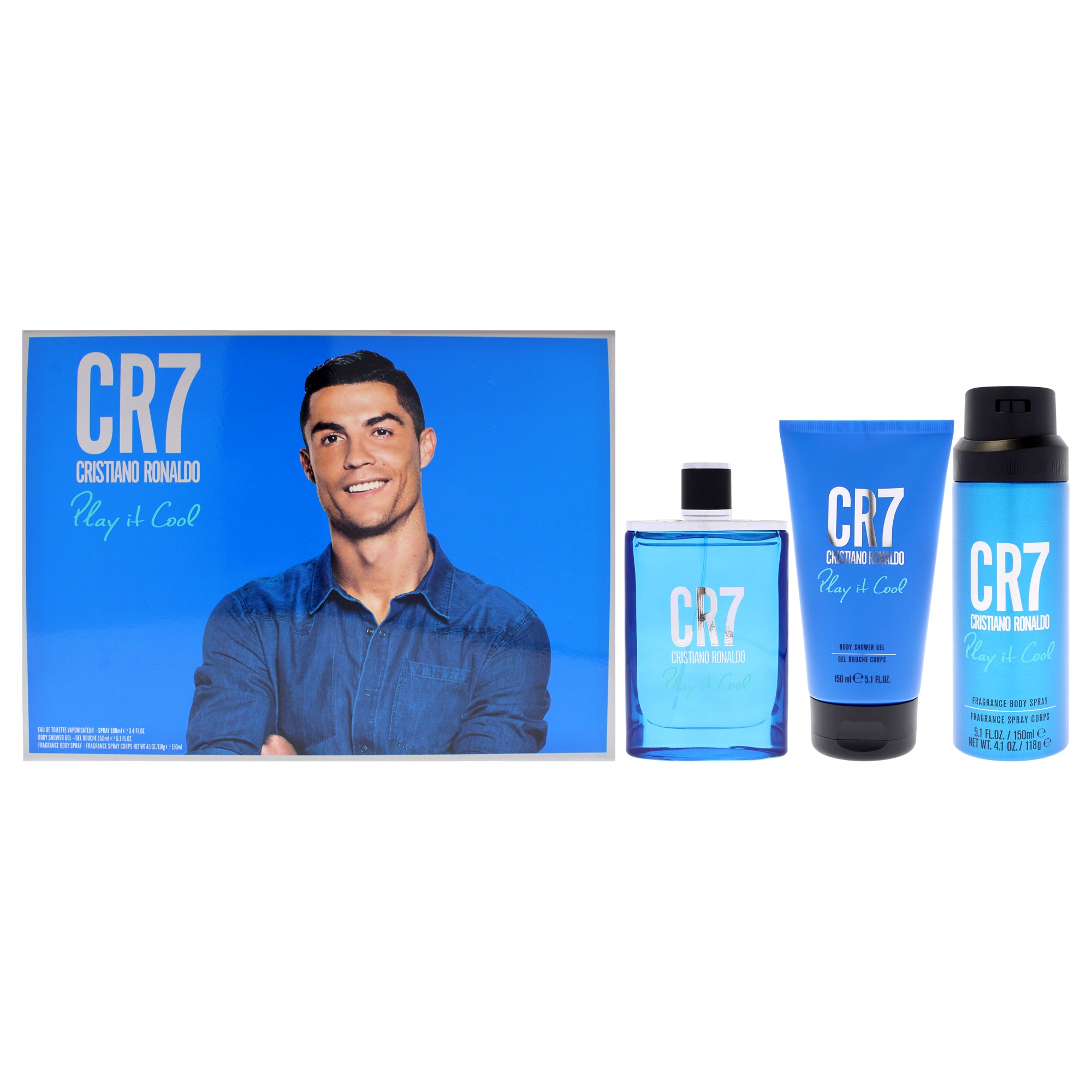 CR7 Play It Cool by Cristiano Ronaldo for Men - 3 Pc Gift Set 3.4oz EDT Spray, 5.1oz Shower Gel, 4.1oz Body Spray