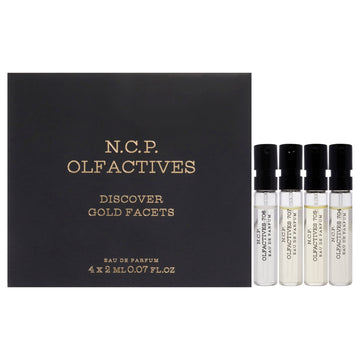 Discover Gold Facets Kit by NCP for Unisex - 4 x 2 ml Olfactive Facet - 704 Incense and musk EDP Spray, Olfactive Facet - 705 Leather and oud EDP Spray, Olfactive Facet - 706 Saffron and oud EDP Spray, Olfactive Facet - 707 Patchouli and oud EDP Spray